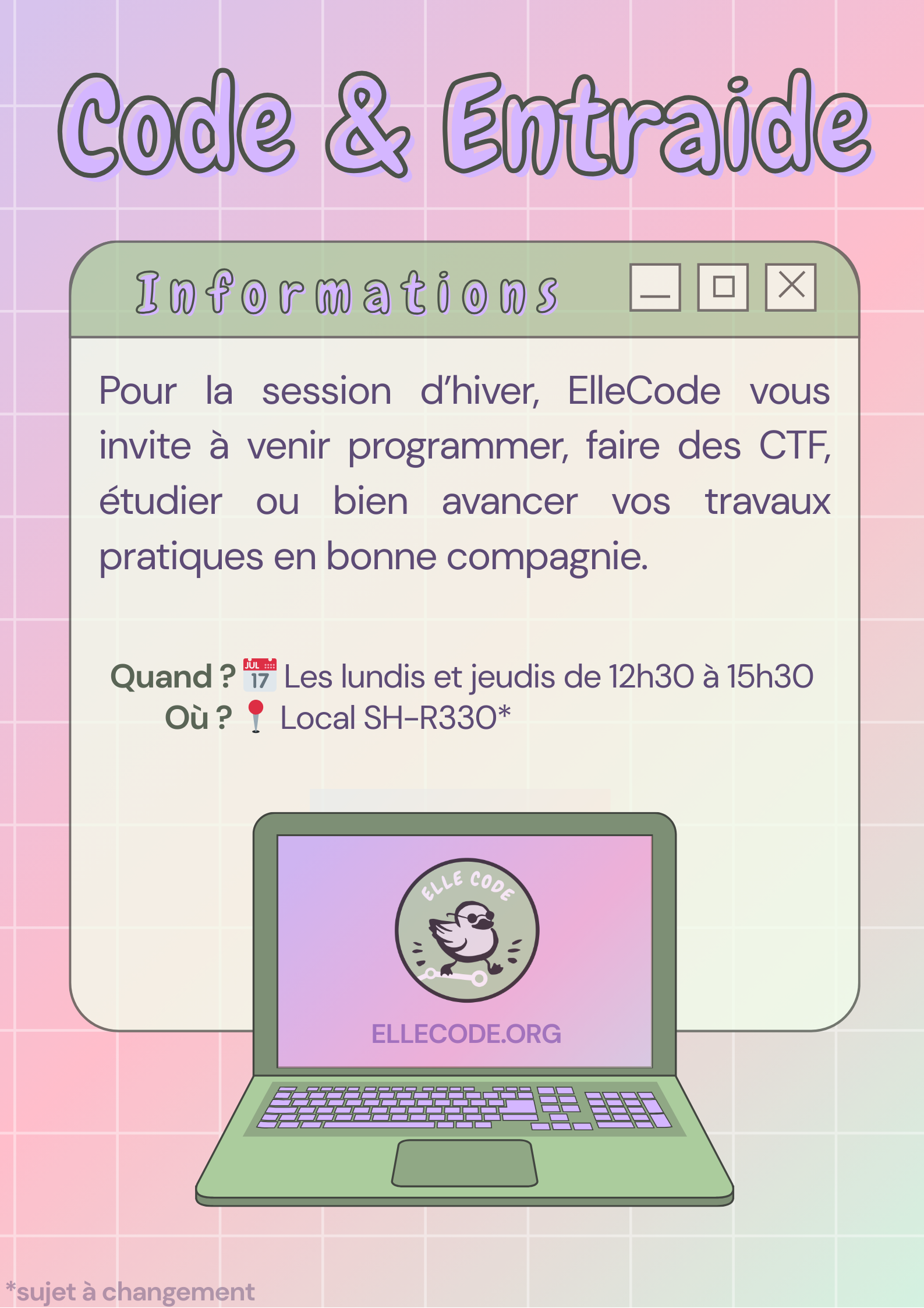 Invitation à étudier et relaxer au SH-R330 avec nous les lundis et jeudis de 12h30 à 15h30.